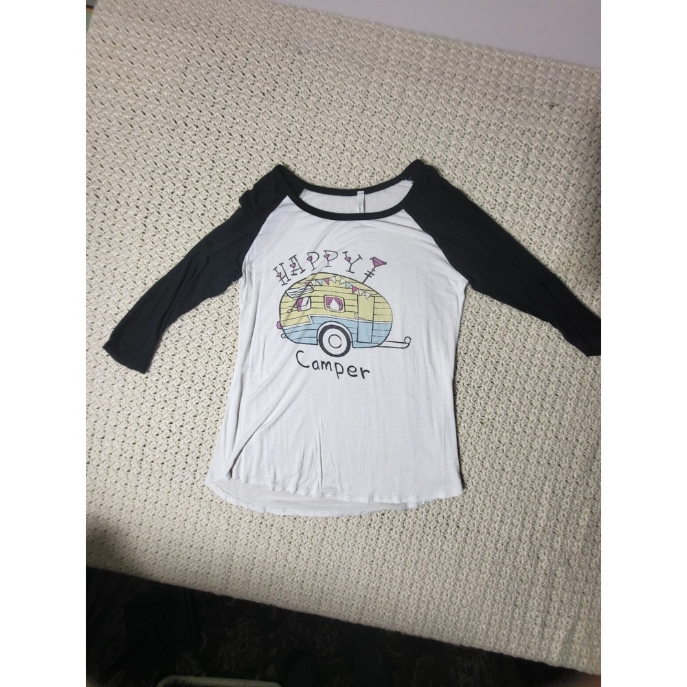 Lovely Souls Women's Happy Camper Graphic  Raglan 3/4 Sleeve Crew Neck Tee M